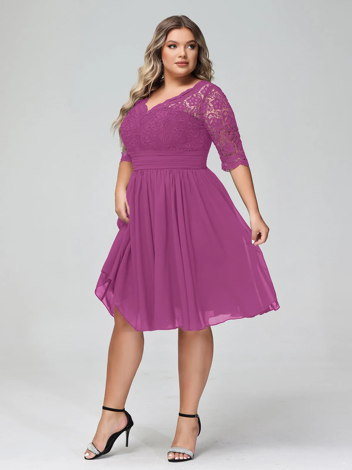Lace and Chiffon Short Dress with Half Sleeves Orchid
