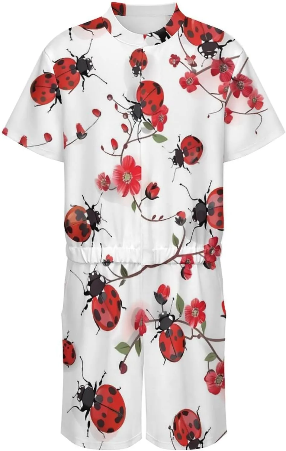 Ladybugs with Red Flowers Mens Short Sleeve Rompers Printed Slim Fit One Piece Jumpsuit with Pocket