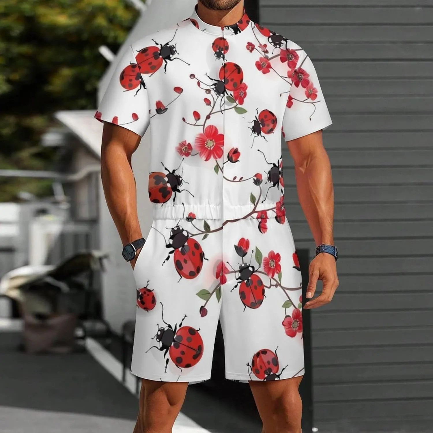 Ladybugs with Red Flowers Mens Short Sleeve Rompers Printed Slim Fit One Piece Jumpsuit with Pocket
