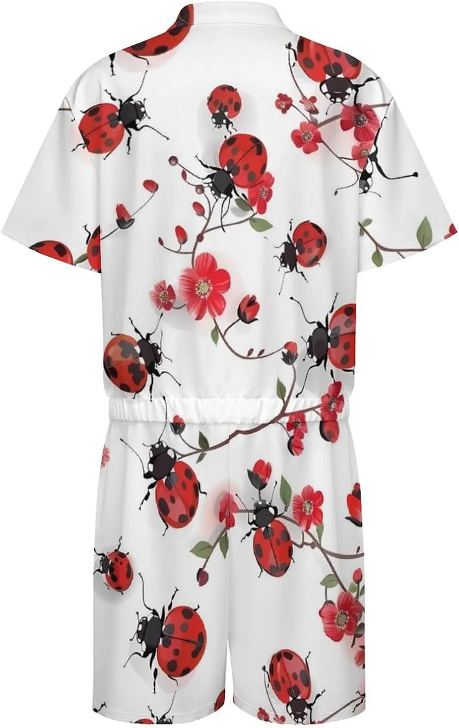 Ladybugs with Red Flowers Mens Short Sleeve Rompers Printed Slim Fit One Piece Jumpsuit with Pocket