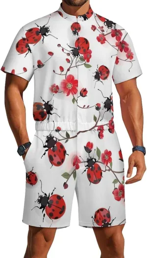 Ladybugs with Red Flowers Mens Short Sleeve Rompers Printed Slim Fit One Piece Jumpsuit with Pocket