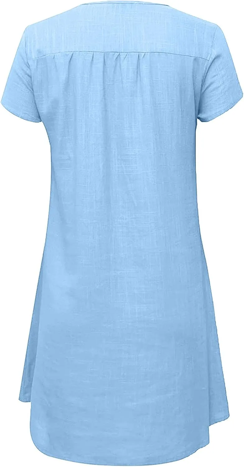 LFEOOST Womens Summer Dresses 2022 Casual Solid Short Sleeve V Neck Shift Dress Plus Size Cotton Linen Vacation Mini Dress
