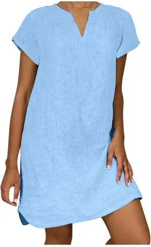LFEOOST Womens Summer Dresses 2022 Casual Solid Short Sleeve V Neck Shift Dress Plus Size Cotton Linen Vacation Mini Dress