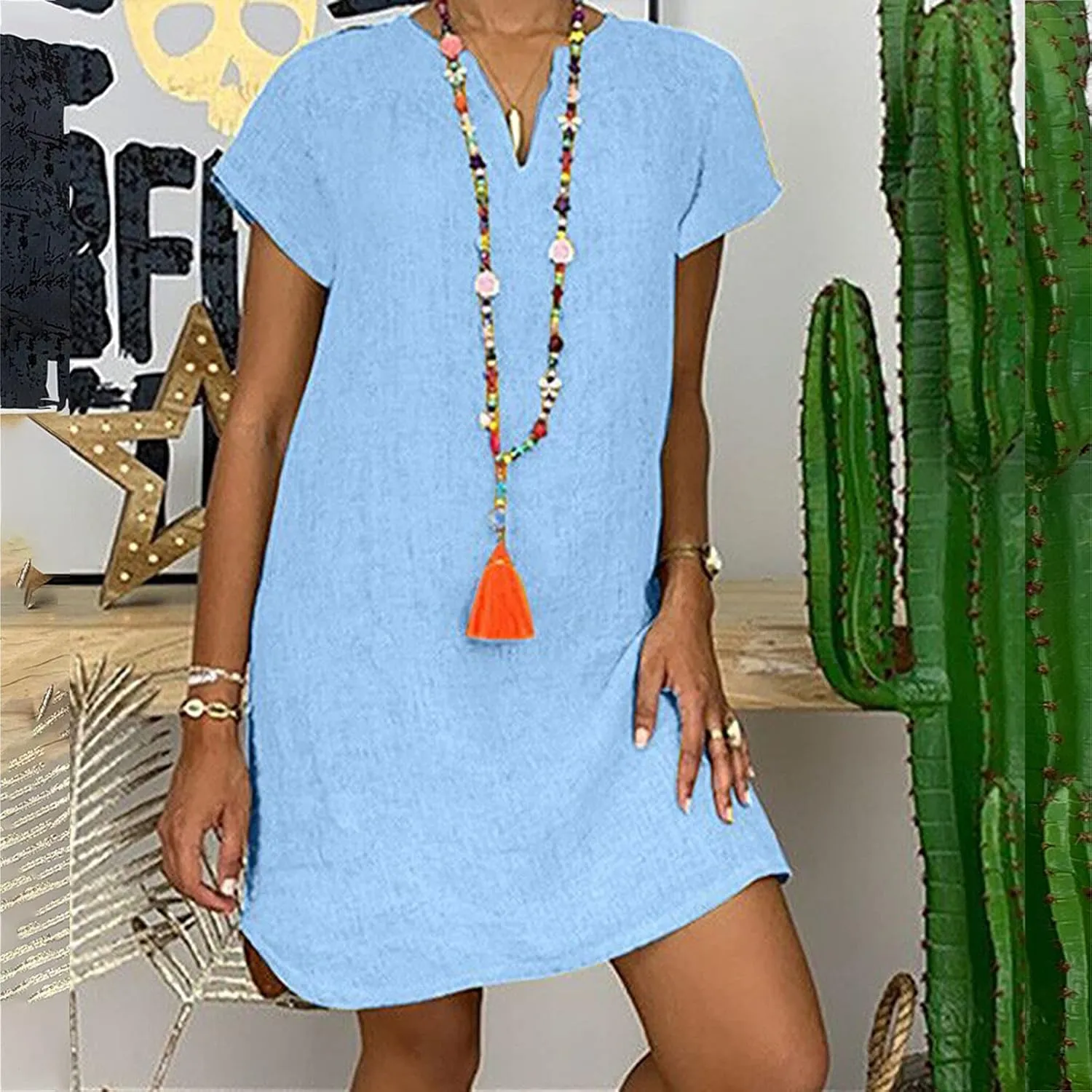 LFEOOST Womens Summer Dresses 2022 Casual Solid Short Sleeve V Neck Shift Dress Plus Size Cotton Linen Vacation Mini Dress