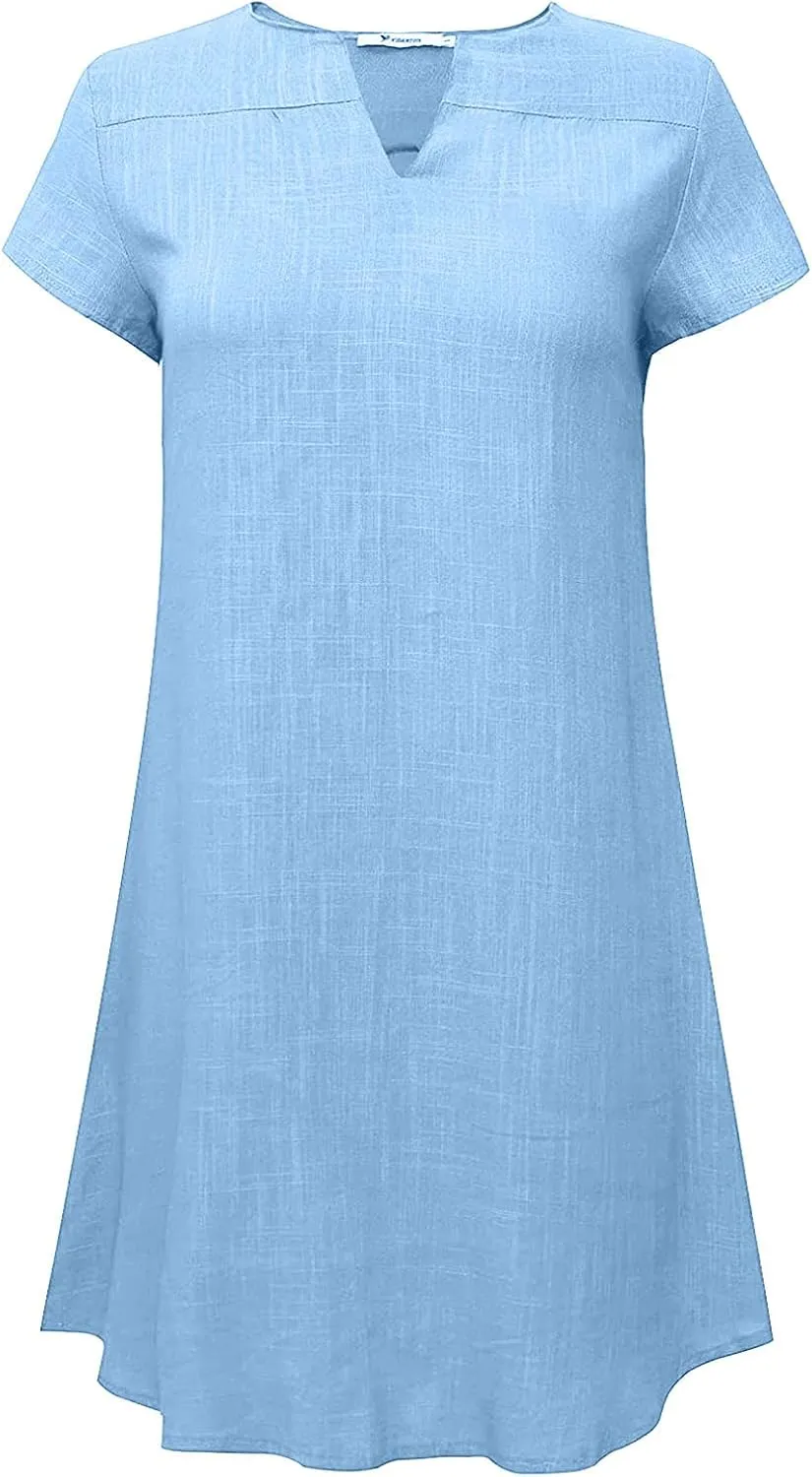 LFEOOST Womens Summer Dresses 2022 Casual Solid Short Sleeve V Neck Shift Dress Plus Size Cotton Linen Vacation Mini Dress
