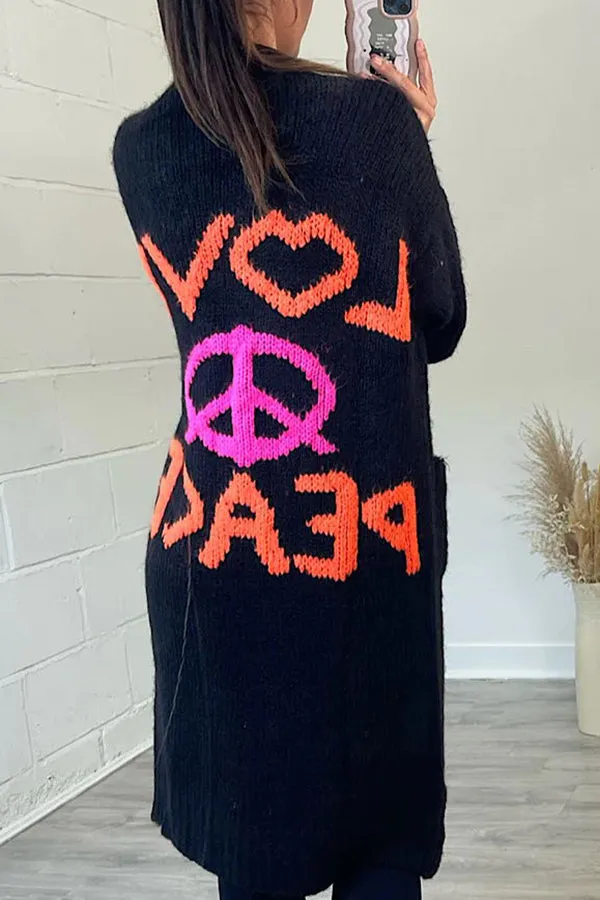 Lilipretty Neon Love Peace Chunky Knit Pocket Straight Midi Cardigan
