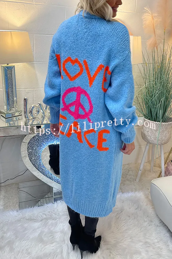 Lilipretty Neon Love Peace Chunky Knit Pocket Straight Midi Cardigan
