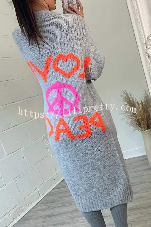 Lilipretty Neon Love Peace Chunky Knit Pocket Straight Midi Cardigan