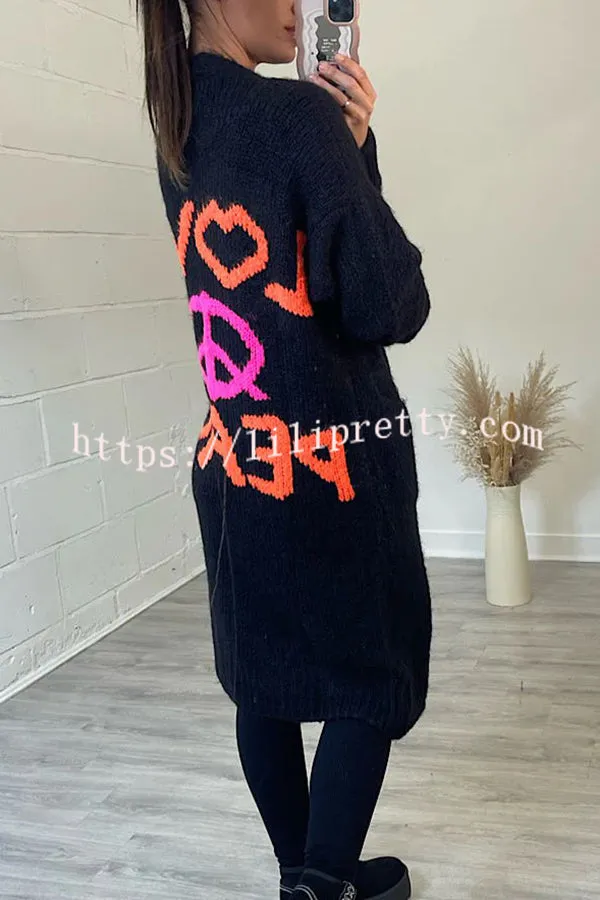 Lilipretty Neon Love Peace Chunky Knit Pocket Straight Midi Cardigan