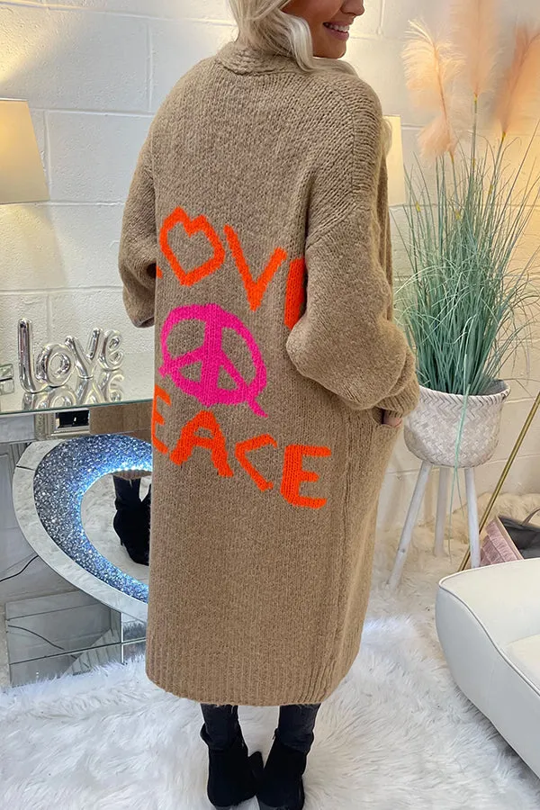 Lilipretty Neon Love Peace Chunky Knit Pocket Straight Midi Cardigan