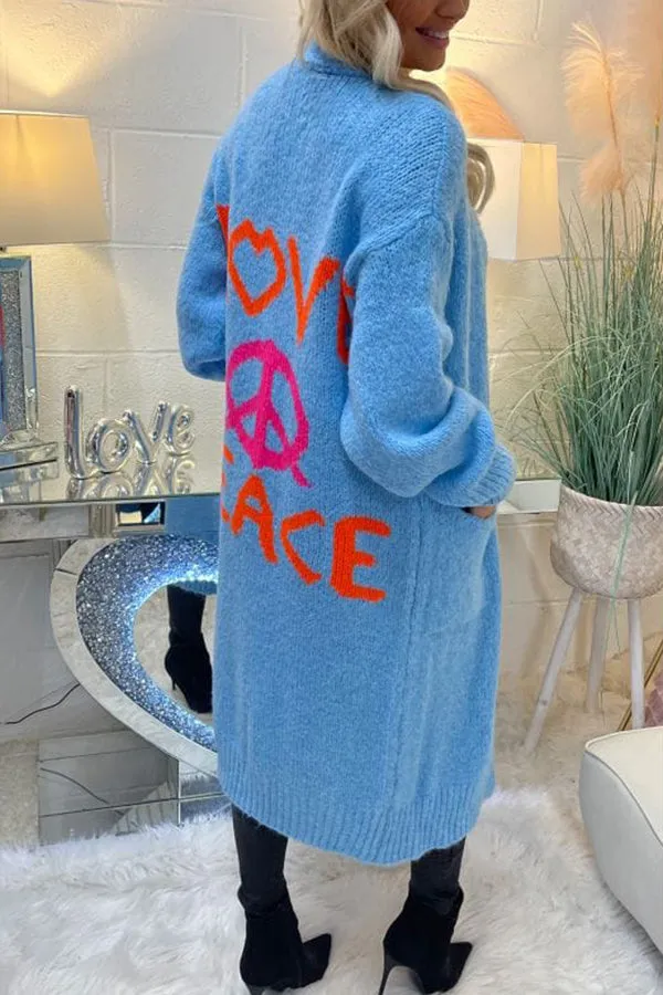 Lilipretty Neon Love Peace Chunky Knit Pocket Straight Midi Cardigan