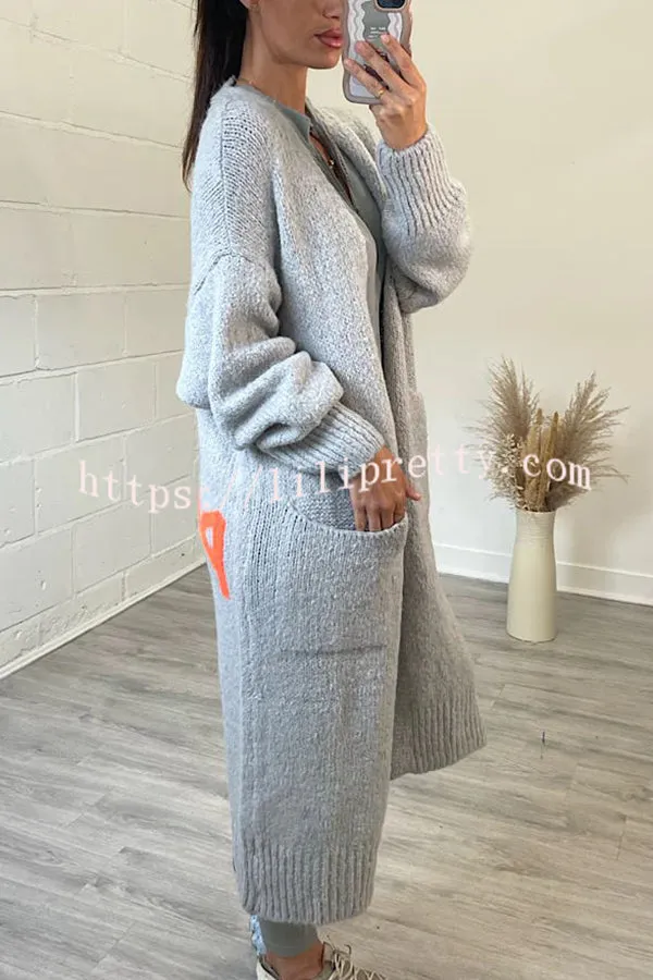 Lilipretty Neon Love Peace Chunky Knit Pocket Straight Midi Cardigan