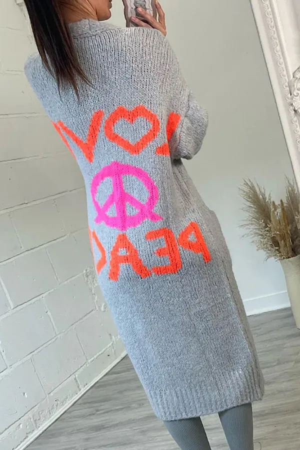 Lilipretty Neon Love Peace Chunky Knit Pocket Straight Midi Cardigan