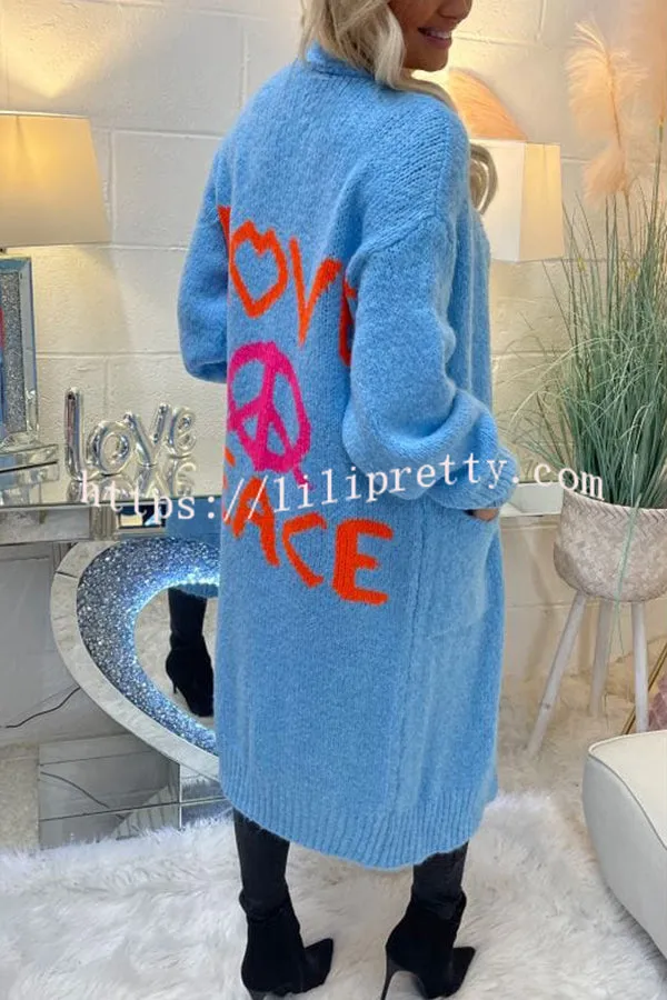 Lilipretty Neon Love Peace Chunky Knit Pocket Straight Midi Cardigan