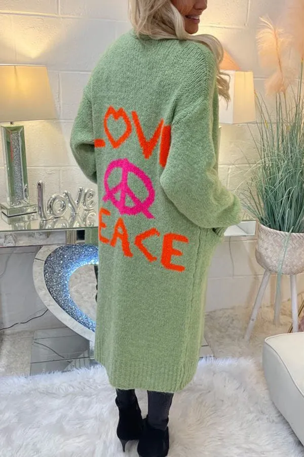 Lilipretty Neon Love Peace Chunky Knit Pocket Straight Midi Cardigan