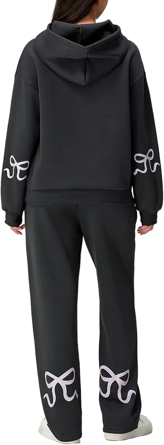 lisenraIn Women 2 Piece Tracksuit Outfits Sets Bow Print Hoodie and Sweatpants Set Casual Matching Sweat Set Loungewear