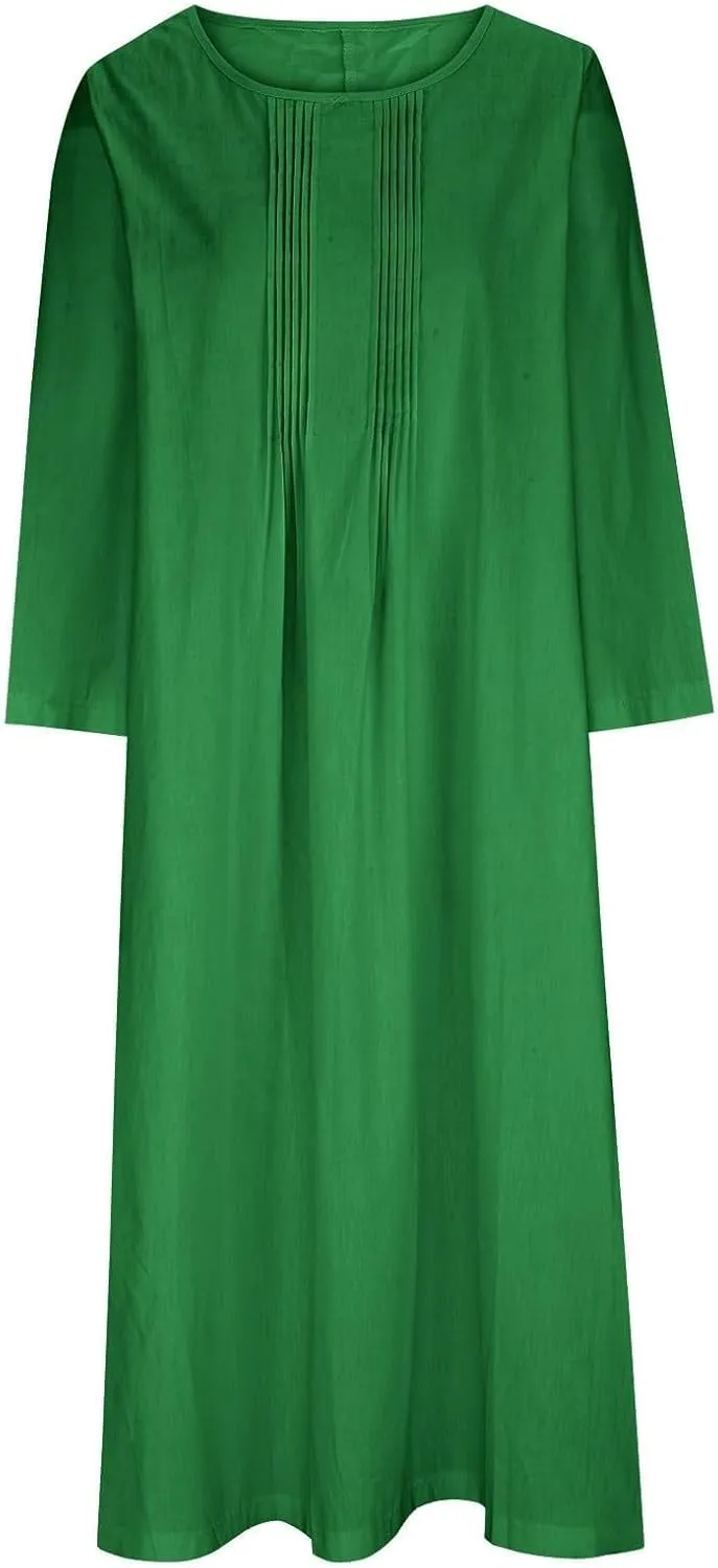 Long Sleeve Cotton Linen Midi Dress for Women,Plus Size Casual Elegant Plain Ruched Summer Long Holiday Dresses