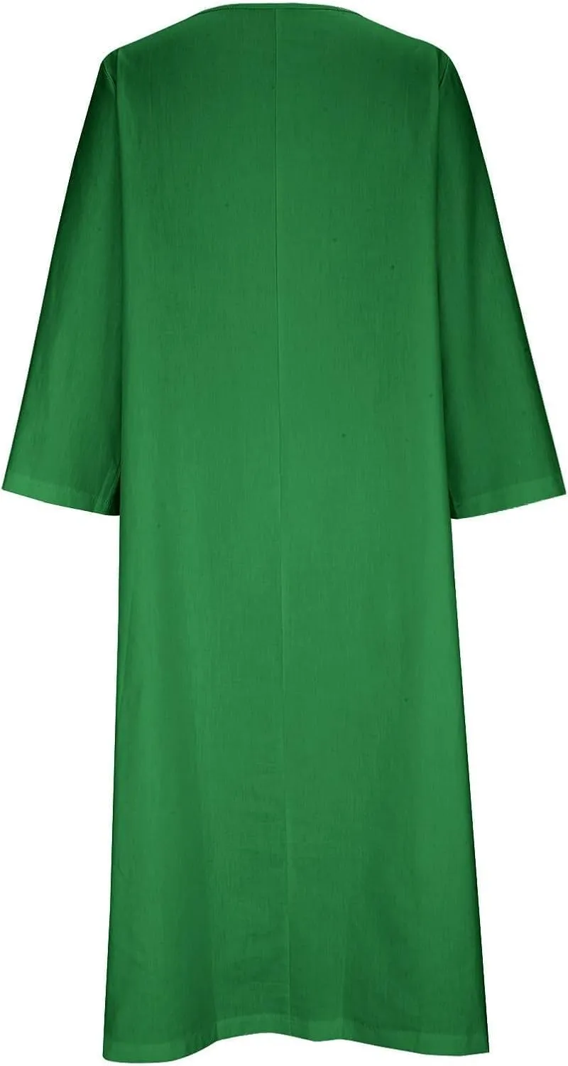Long Sleeve Cotton Linen Midi Dress for Women,Plus Size Casual Elegant Plain Ruched Summer Long Holiday Dresses