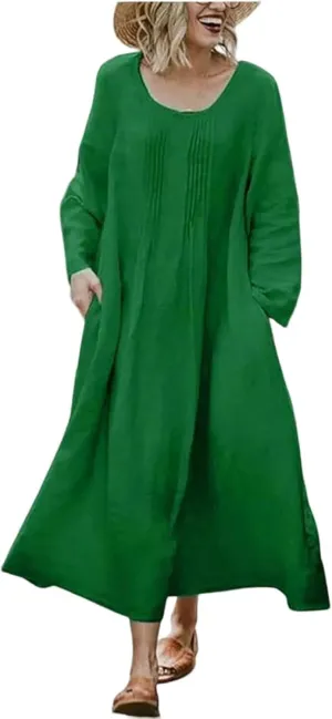 Long Sleeve Cotton Linen Midi Dress for Women,Plus Size Casual Elegant Plain Ruched Summer Long Holiday Dresses