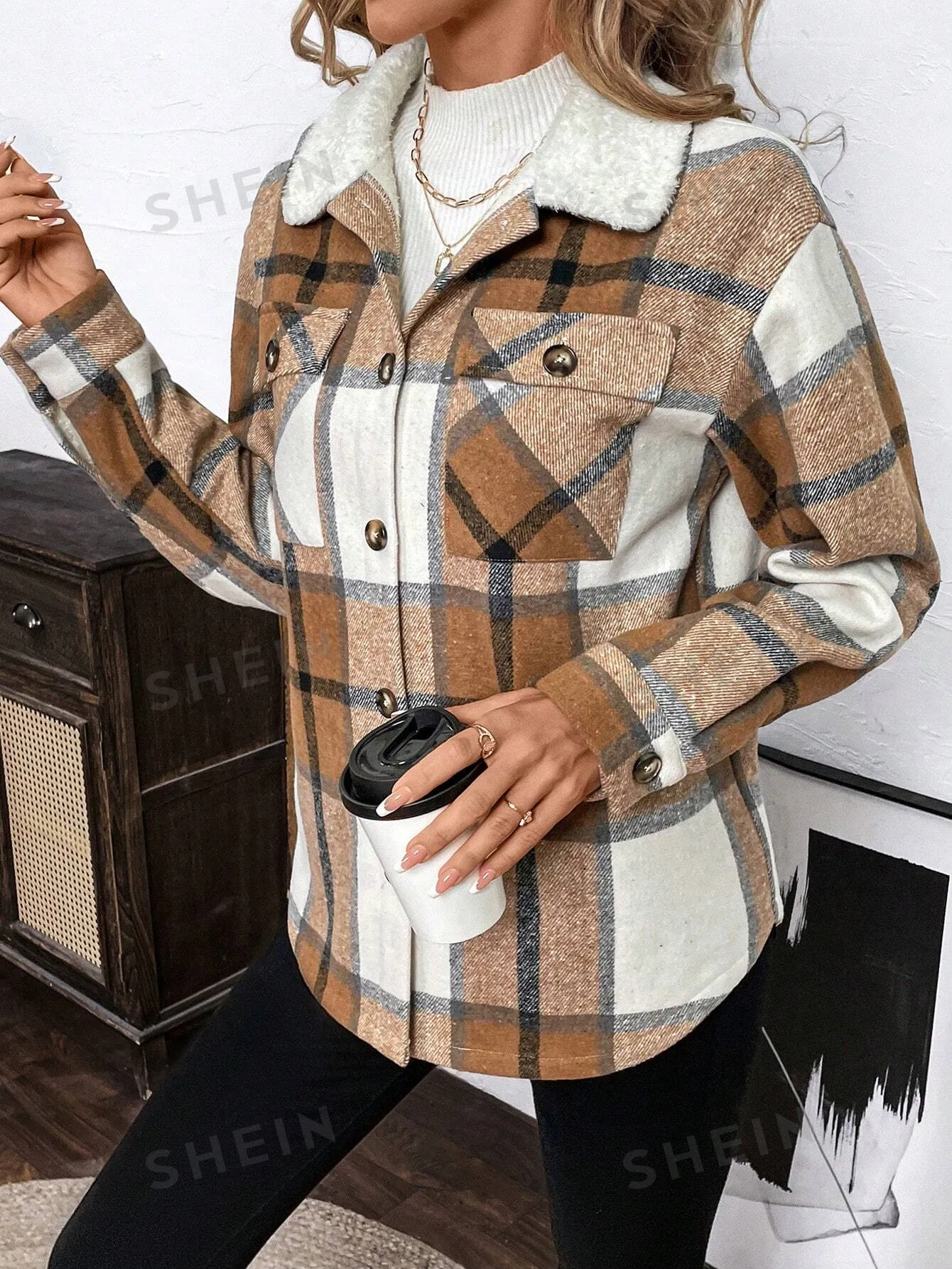 LUNE Plush-Lined Warm Khaki-Brown Plaid Shirt-Style Jacket For Women, Autumn Winter