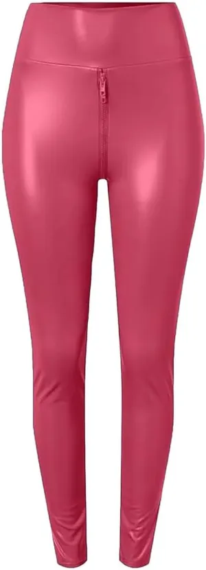 Matte Leather Trousers,Elastic High Waist Faux Leather Pants Women Sexy Crotch Double Zipper Leggings