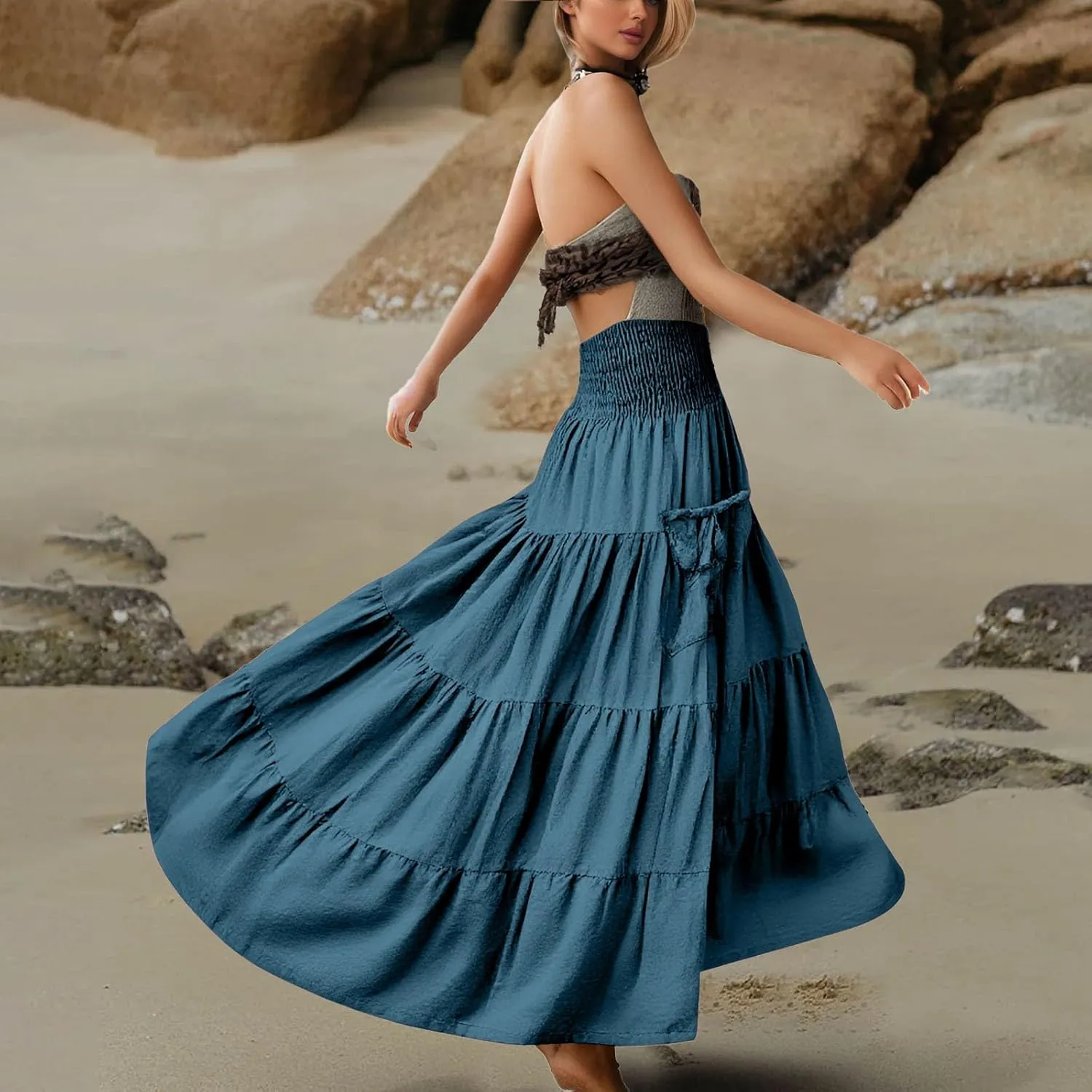 Maxi Boho Skirt Dresses for Women Long Cotton Hippie Bohemian Elastic Waist Gypsy Skirt Adjustable Dress Pockets