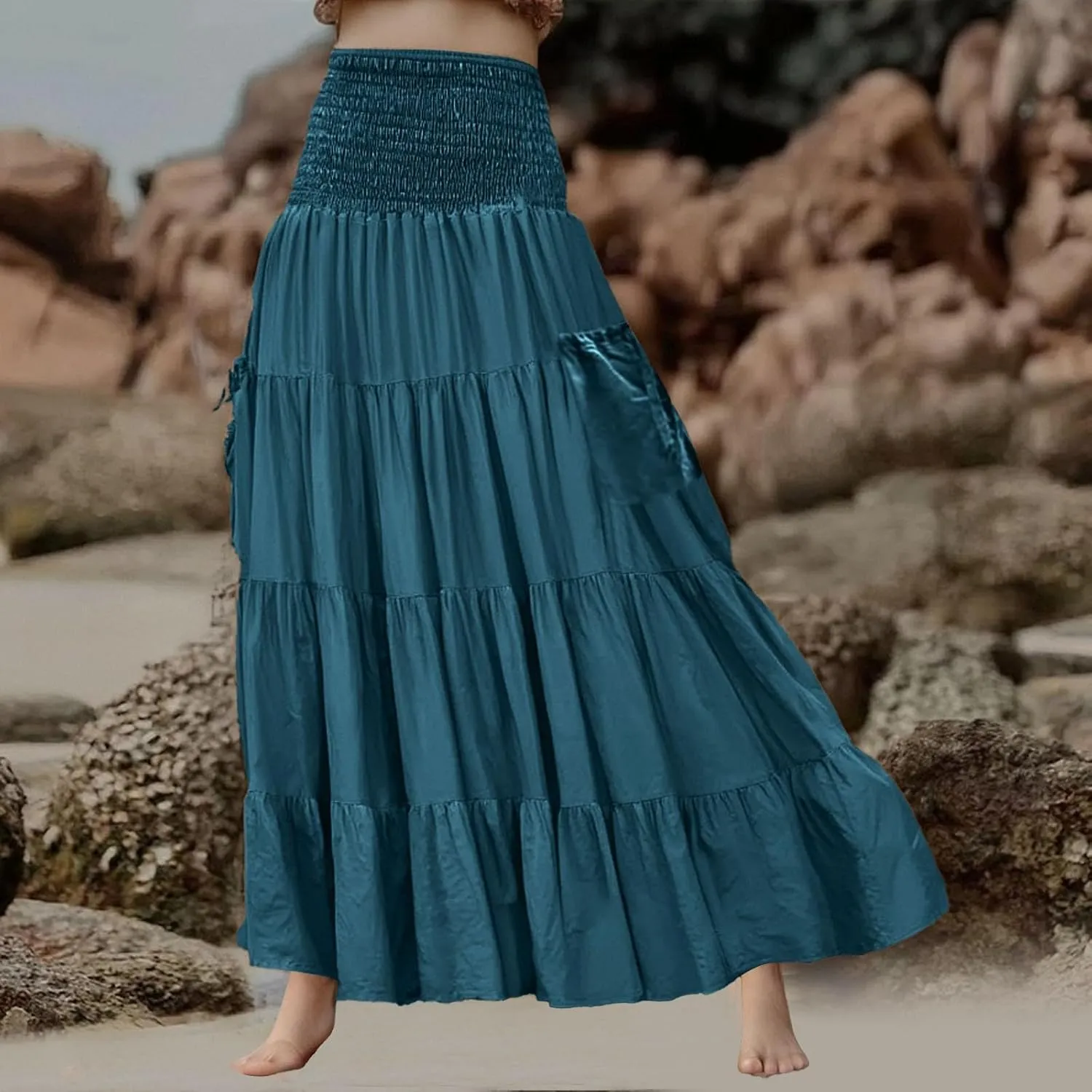 Maxi Boho Skirt Dresses for Women Long Cotton Hippie Bohemian Elastic Waist Gypsy Skirt Adjustable Dress Pockets