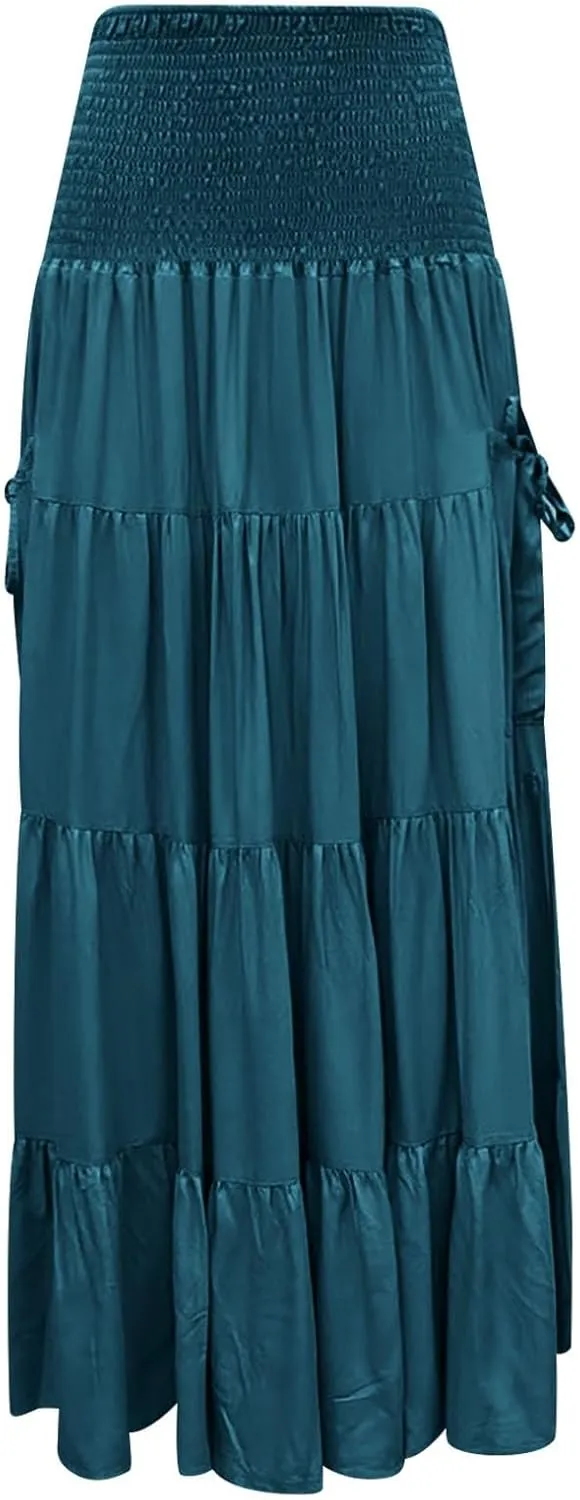 Maxi Boho Skirt Dresses for Women Long Cotton Hippie Bohemian Elastic Waist Gypsy Skirt Adjustable Dress Pockets