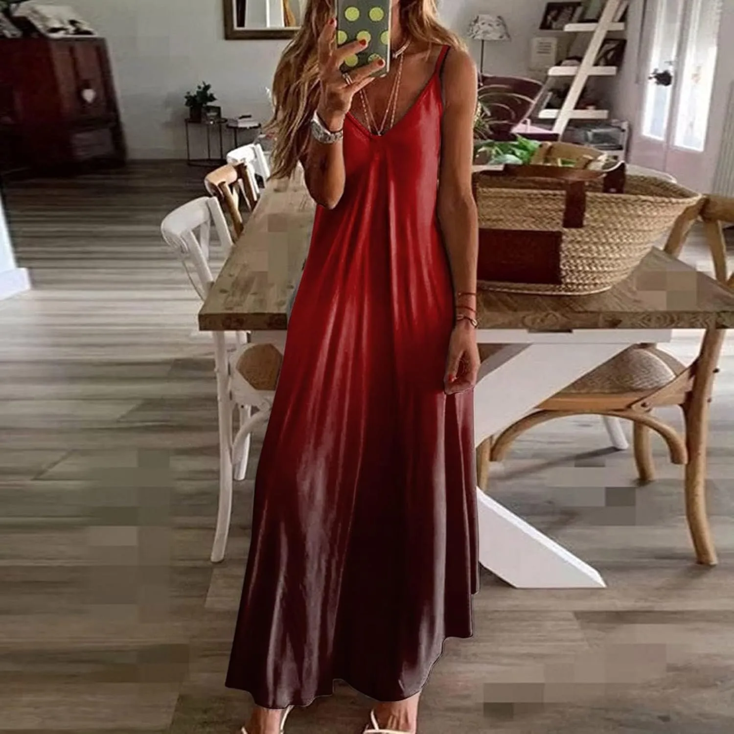 Maxi Cami Dress Women Beach Vacation Summer Dress Spaghetti Strap Casual Sundress V Neck Ombre Flowy A Line Dress