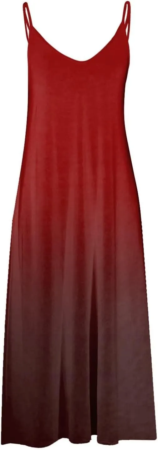Maxi Cami Dress Women Beach Vacation Summer Dress Spaghetti Strap Casual Sundress V Neck Ombre Flowy A Line Dress