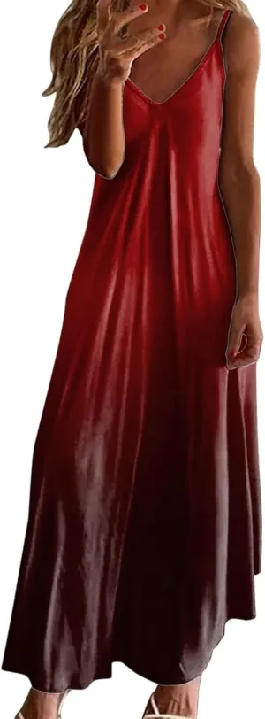 Maxi Cami Dress Women Beach Vacation Summer Dress Spaghetti Strap Casual Sundress V Neck Ombre Flowy A Line Dress