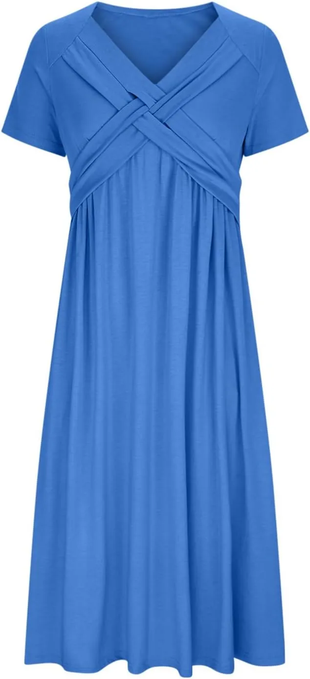 Maxi Dresses for Women 2024 Casual V-Neck Daily Dress Empire Waist Short Sleeve A Line Flowy Beach Sundress