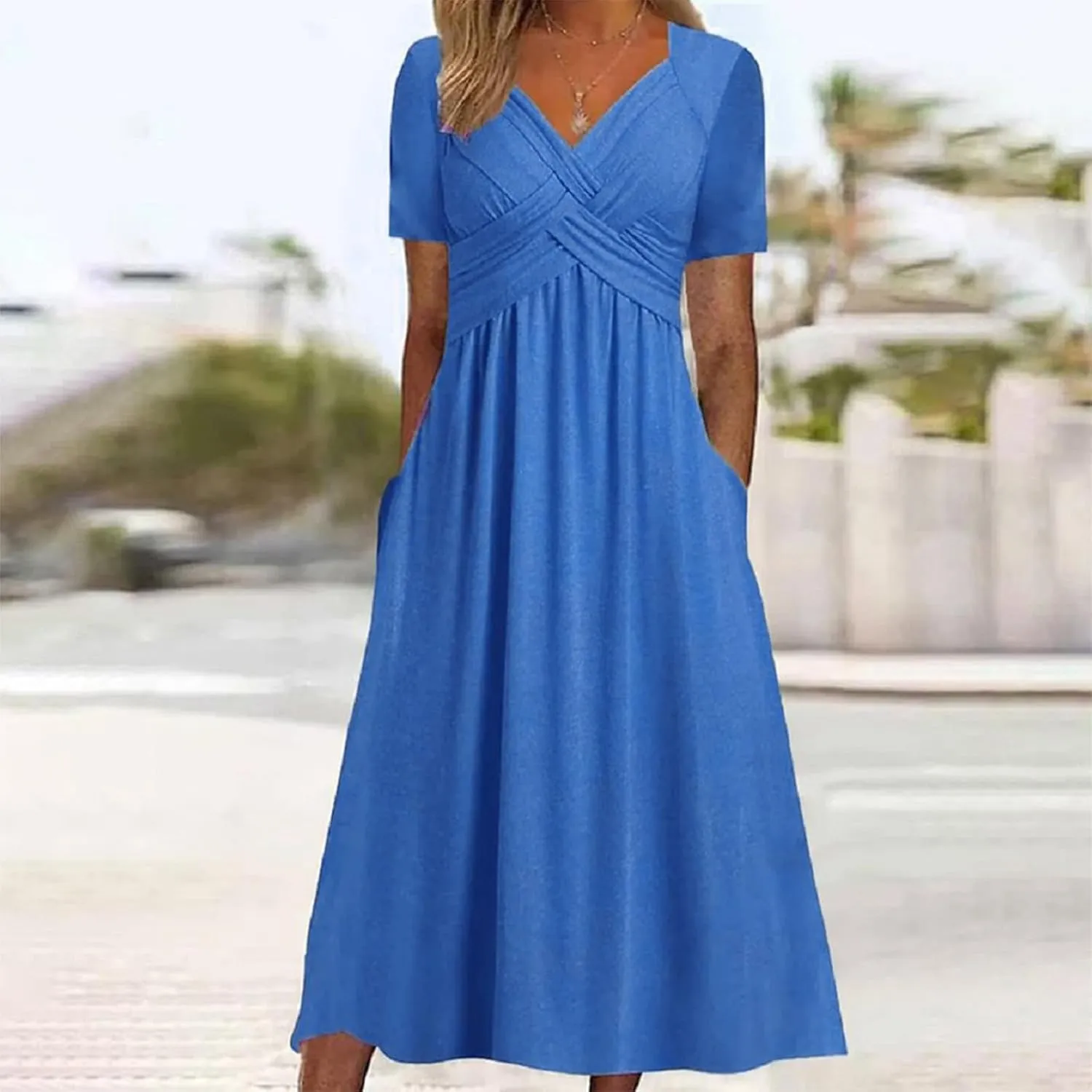 Maxi Dresses for Women 2024 Casual V-Neck Daily Dress Empire Waist Short Sleeve A Line Flowy Beach Sundress