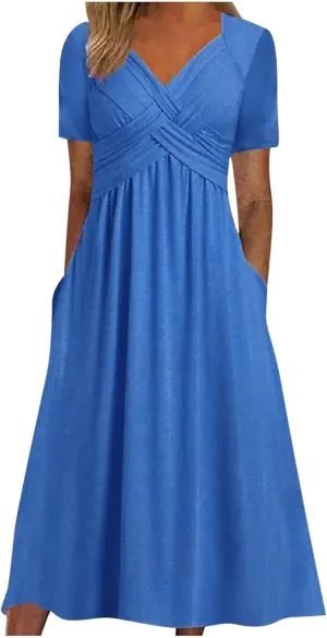 Maxi Dresses for Women 2024 Casual V-Neck Daily Dress Empire Waist Short Sleeve A Line Flowy Beach Sundress