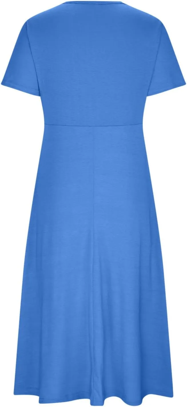 Maxi Dresses for Women 2024 Casual V-Neck Daily Dress Empire Waist Short Sleeve A Line Flowy Beach Sundress