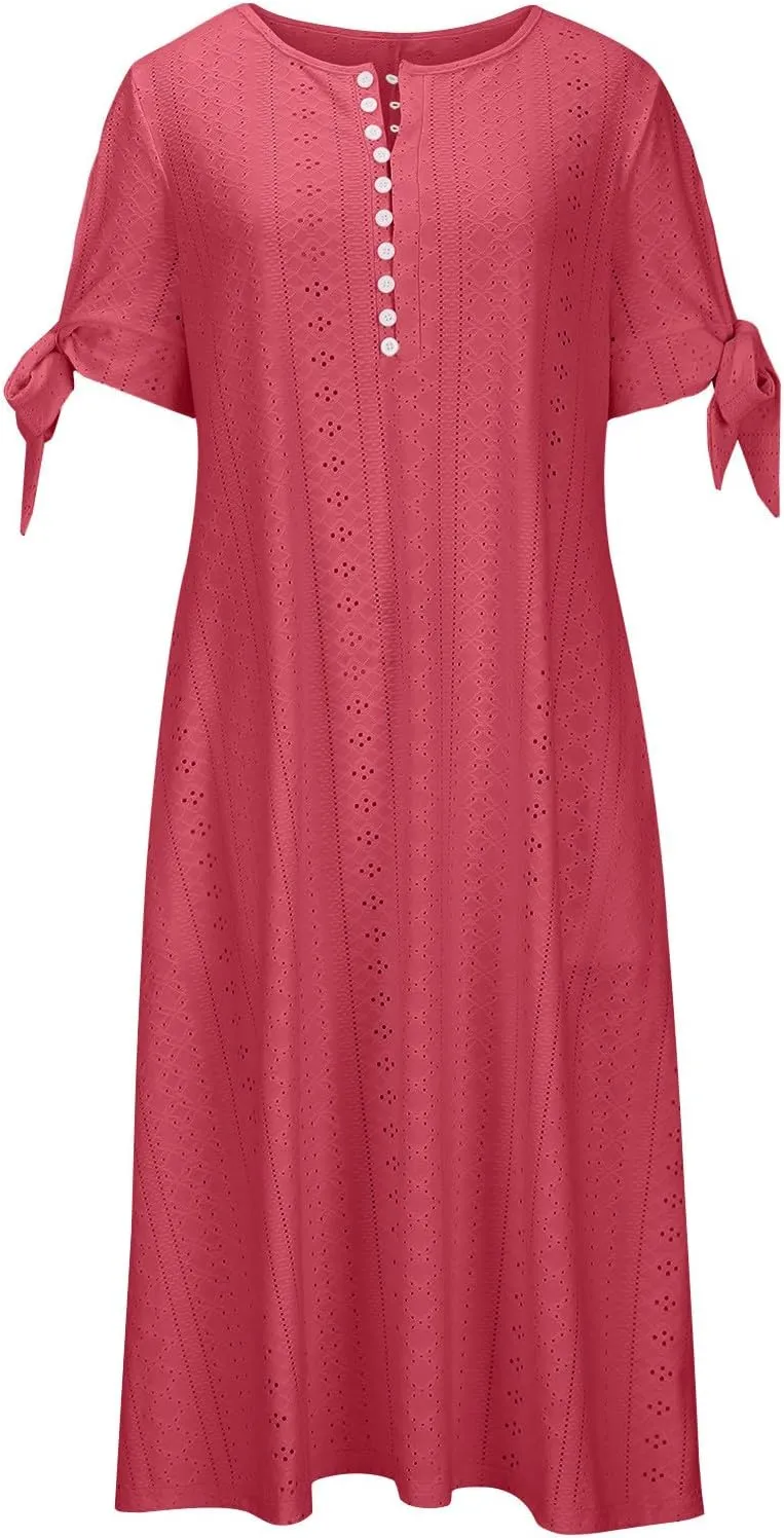 Maxi Long Dresses for Women 2025 Trendy Short Sleeve Eyelet Tshirt Dress Casual Summer Beach Vacation Sundress