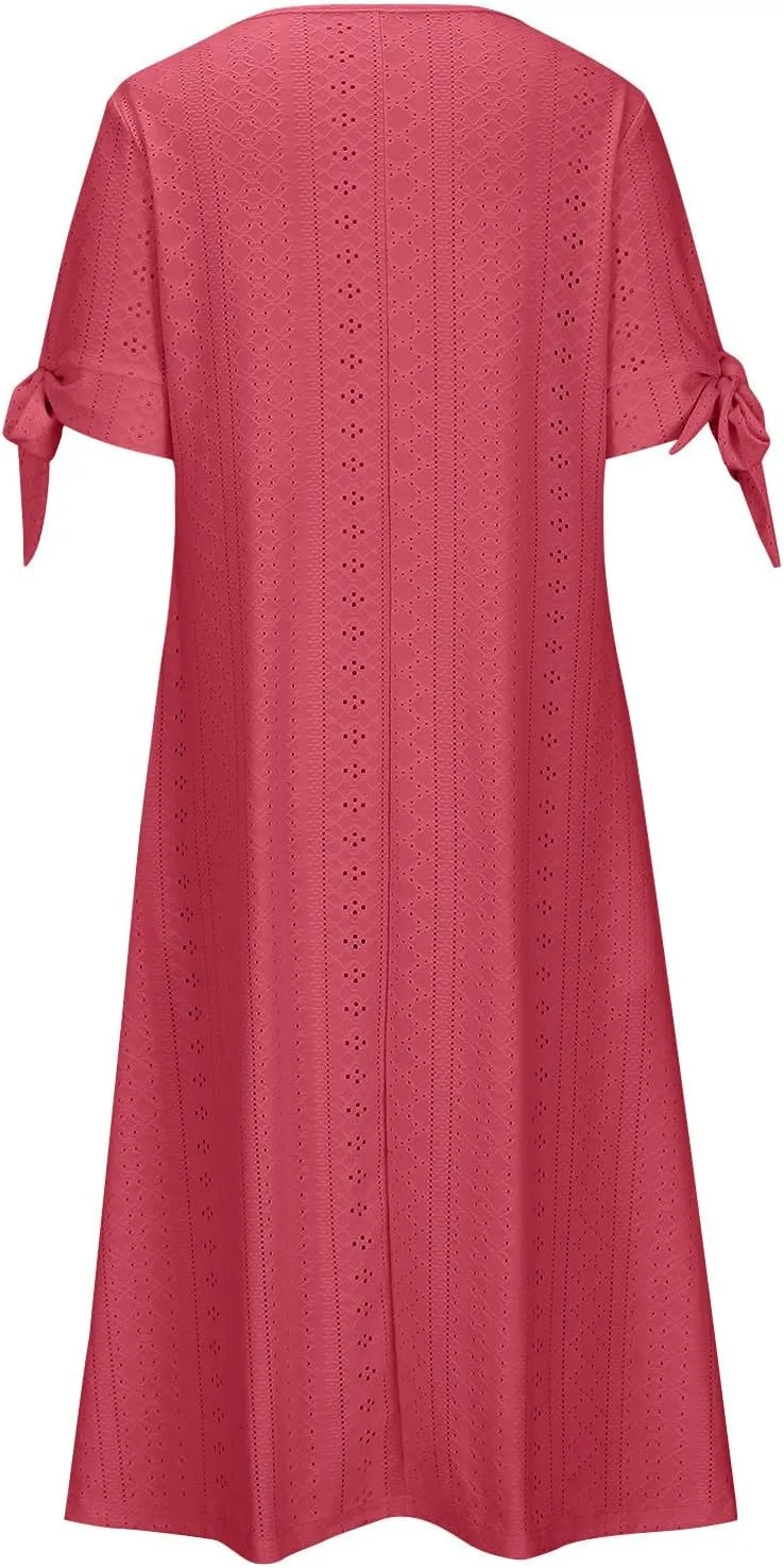 Maxi Long Dresses for Women 2025 Trendy Short Sleeve Eyelet Tshirt Dress Casual Summer Beach Vacation Sundress
