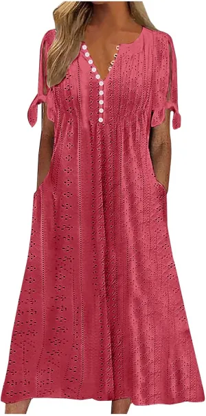 Maxi Long Dresses for Women 2025 Trendy Short Sleeve Eyelet Tshirt Dress Casual Summer Beach Vacation Sundress