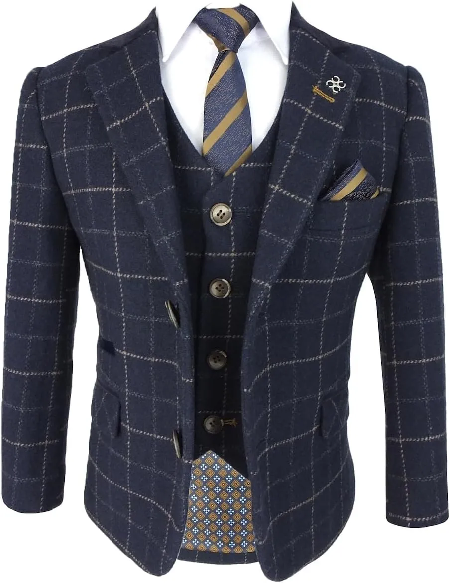 Mens and Boys Tweed Windowpane Check Slim Fit Suit Wedding Formal Set