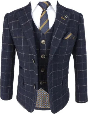 Mens and Boys Tweed Windowpane Check Slim Fit Suit Wedding Formal Set