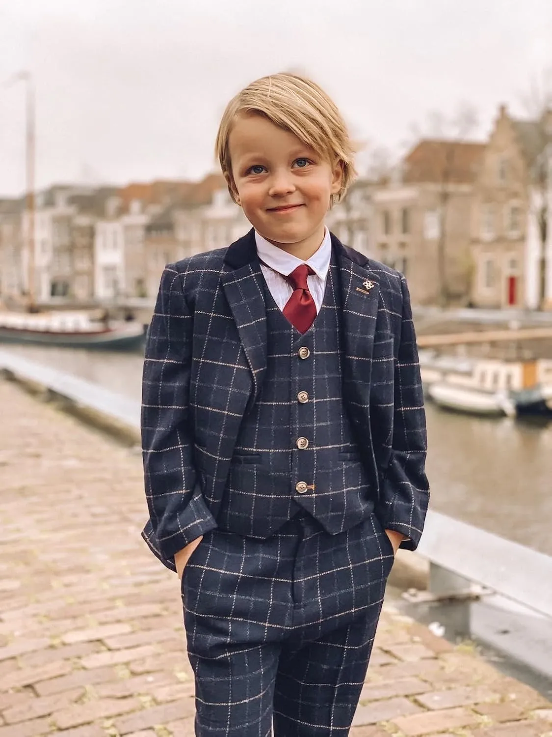 Mens and Boys Tweed Windowpane Check Slim Fit Suit Wedding Formal Set