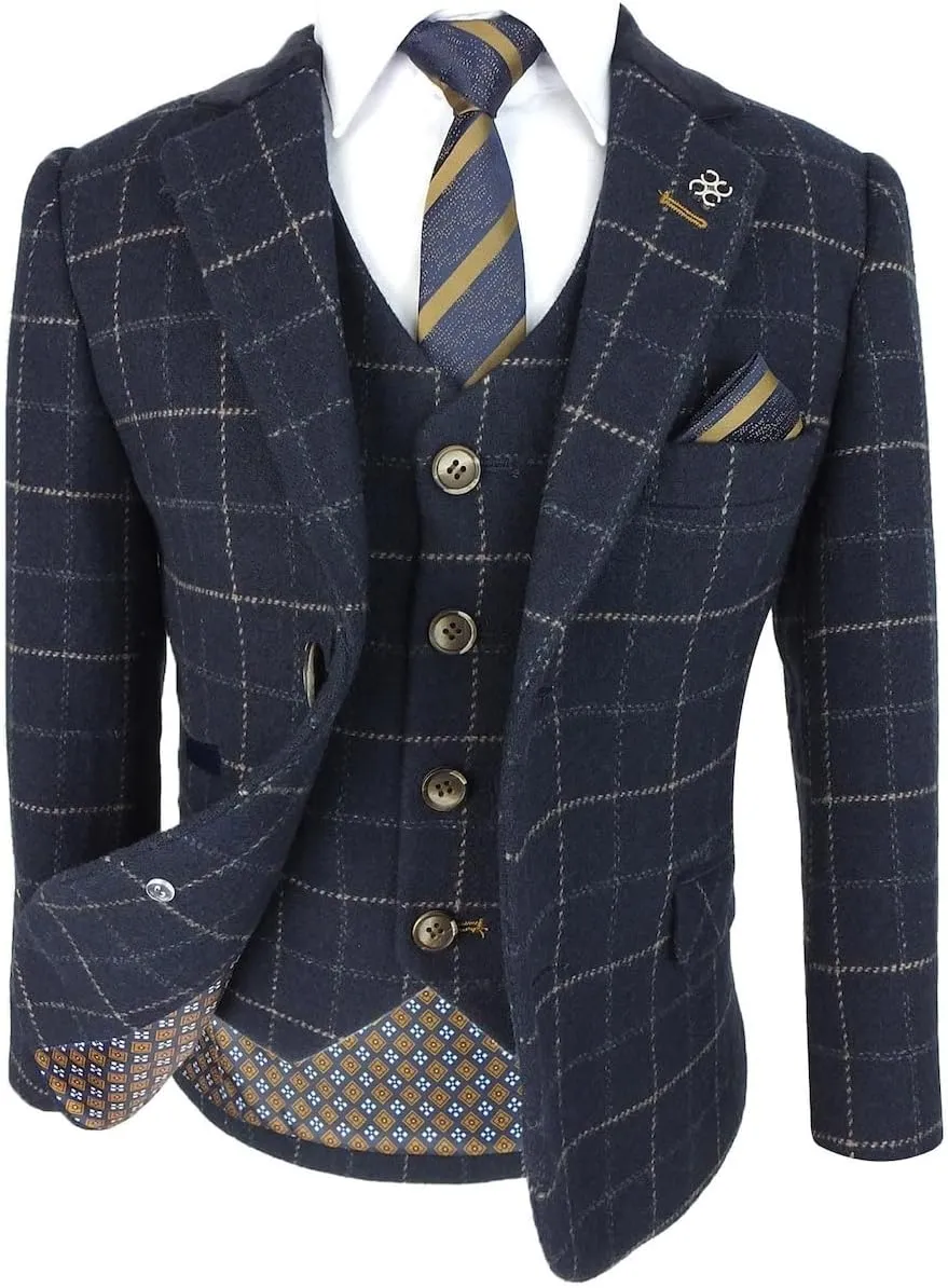Mens and Boys Tweed Windowpane Check Slim Fit Suit Wedding Formal Set