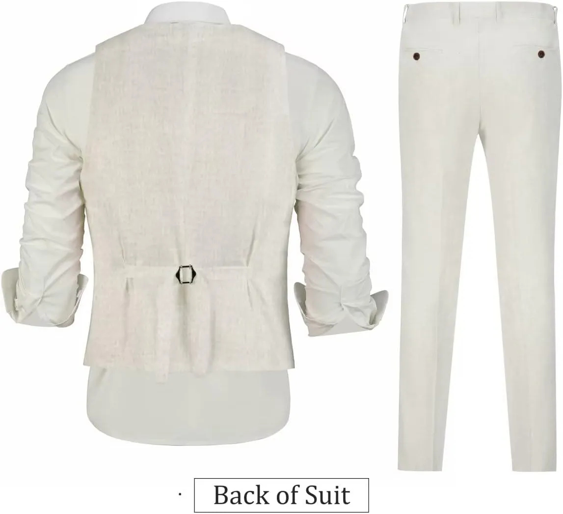 Men's Linen 2 Piece Suit Slim Fit Wedding Groomsmen Tuxedos Summer Beach Prom Vest Pants Set