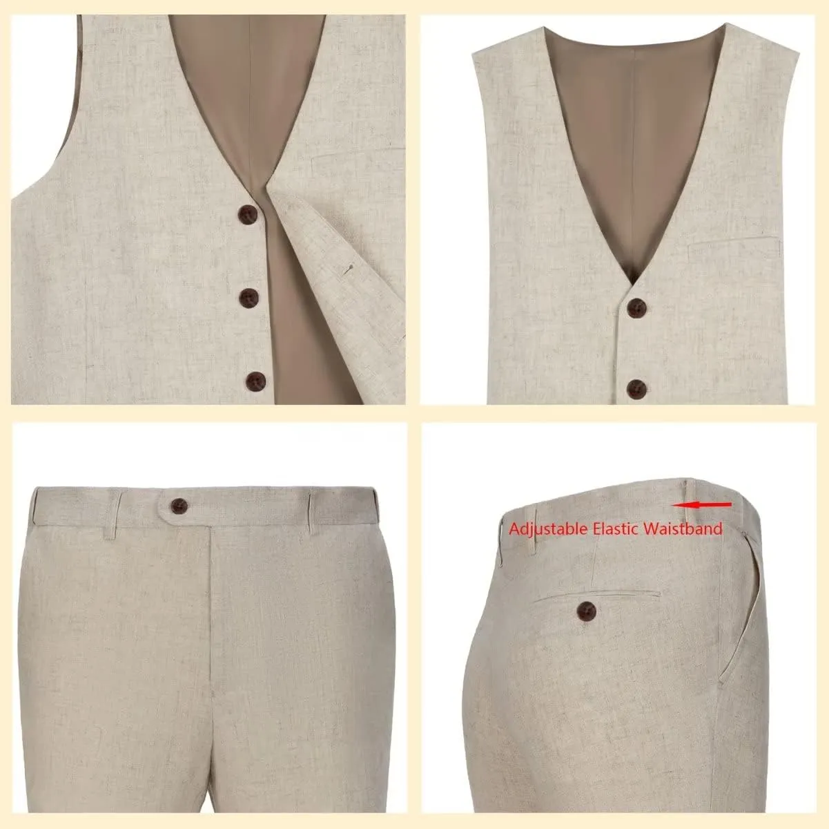 Men's Linen 2 Piece Suit Slim Fit Wedding Groomsmen Tuxedos Summer Beach Prom Vest Pants Set