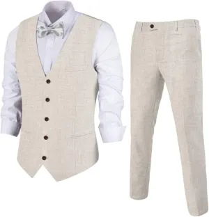 Men's Linen 2 Piece Suit Slim Fit Wedding Groomsmen Tuxedos Summer Beach Prom Vest Pants Set