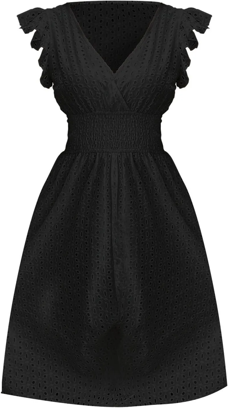 Midi Dresses for Women 2025 Wrap V Neck Lace Ruffle Sleeve Boho Dress Empire Waist Swing Flowy Beach Casual Dresses