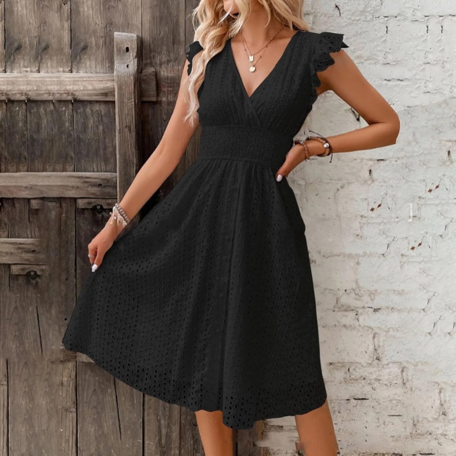 Midi Dresses for Women 2025 Wrap V Neck Lace Ruffle Sleeve Boho Dress Empire Waist Swing Flowy Beach Casual Dresses