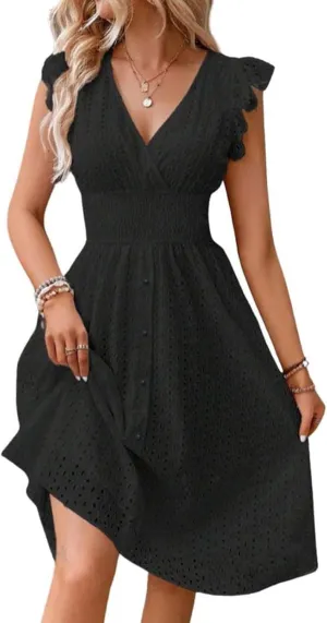 Midi Dresses for Women 2025 Wrap V Neck Lace Ruffle Sleeve Boho Dress Empire Waist Swing Flowy Beach Casual Dresses