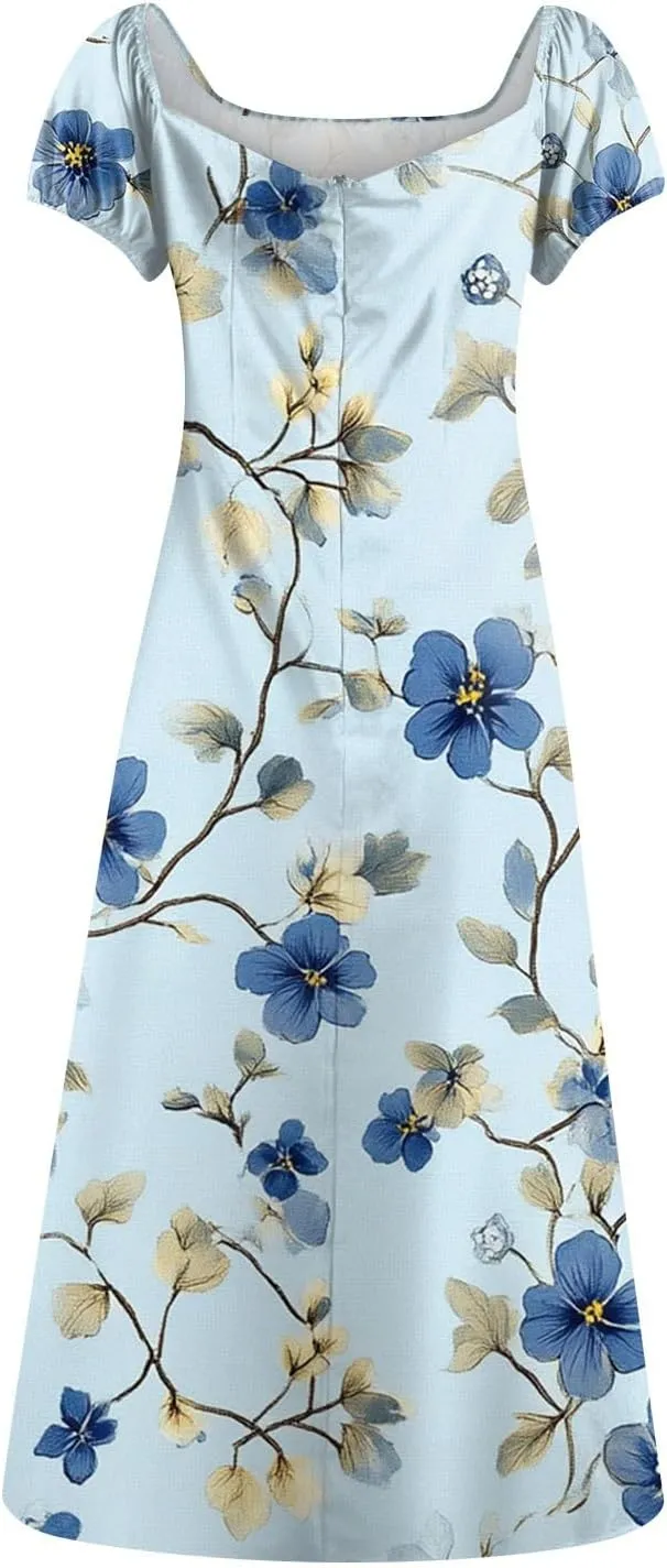 Midi Dresses for Women Summer Puff Sleeve Square Neck A Line Floral Dress for Wedding Ruched High Waist Split Dresses