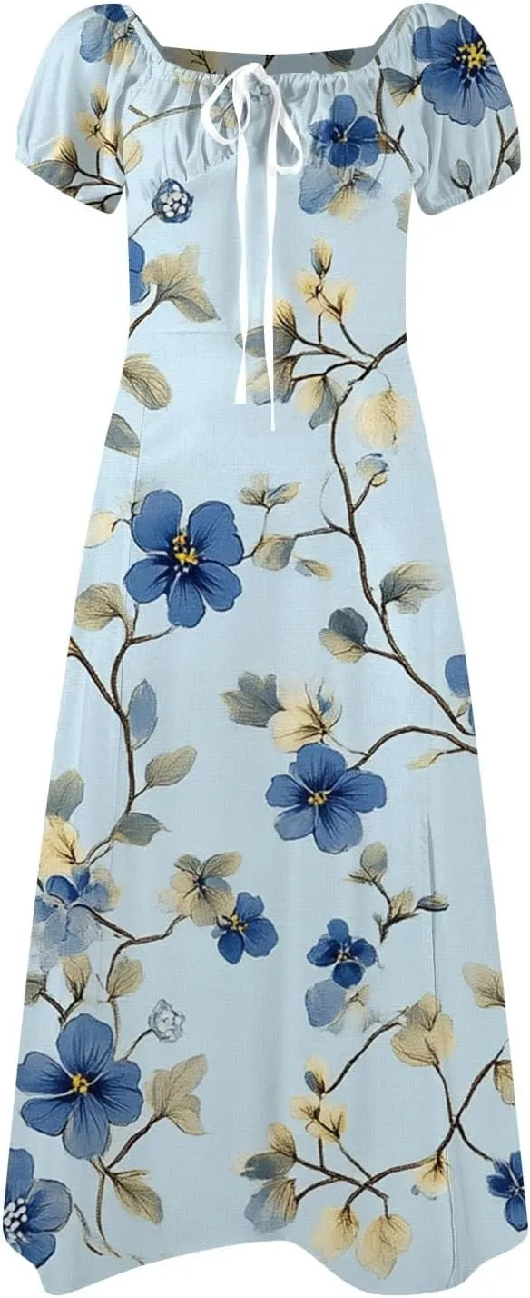 Midi Dresses for Women Summer Puff Sleeve Square Neck A Line Floral Dress for Wedding Ruched High Waist Split Dresses